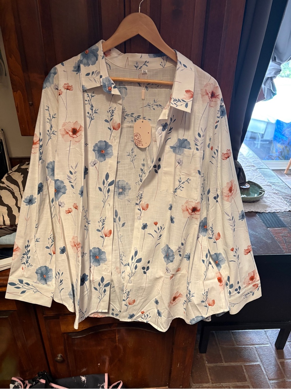 White Floral Button-Up Shirt with Blue and Coral Flowers
